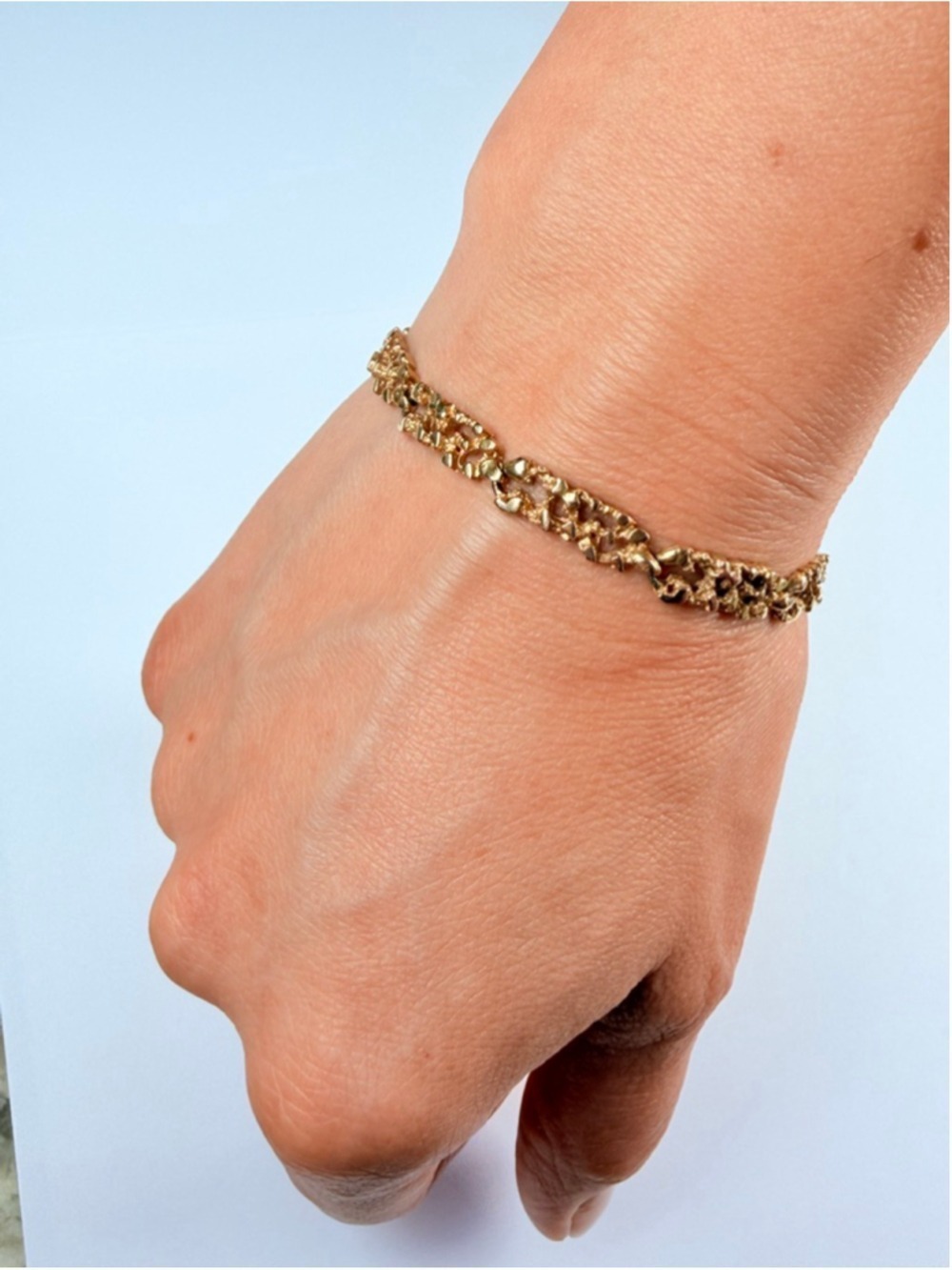 14K Solid Yellow Gold Open Link Panel Textured Nugget 5.5MM Vintage Bracelet - Picture 5 of 11